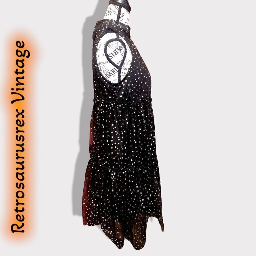 POPSUGAR Babydoll Gold Foil Star Tiered Little Black Party Dress, XS - Picture 4 of 8